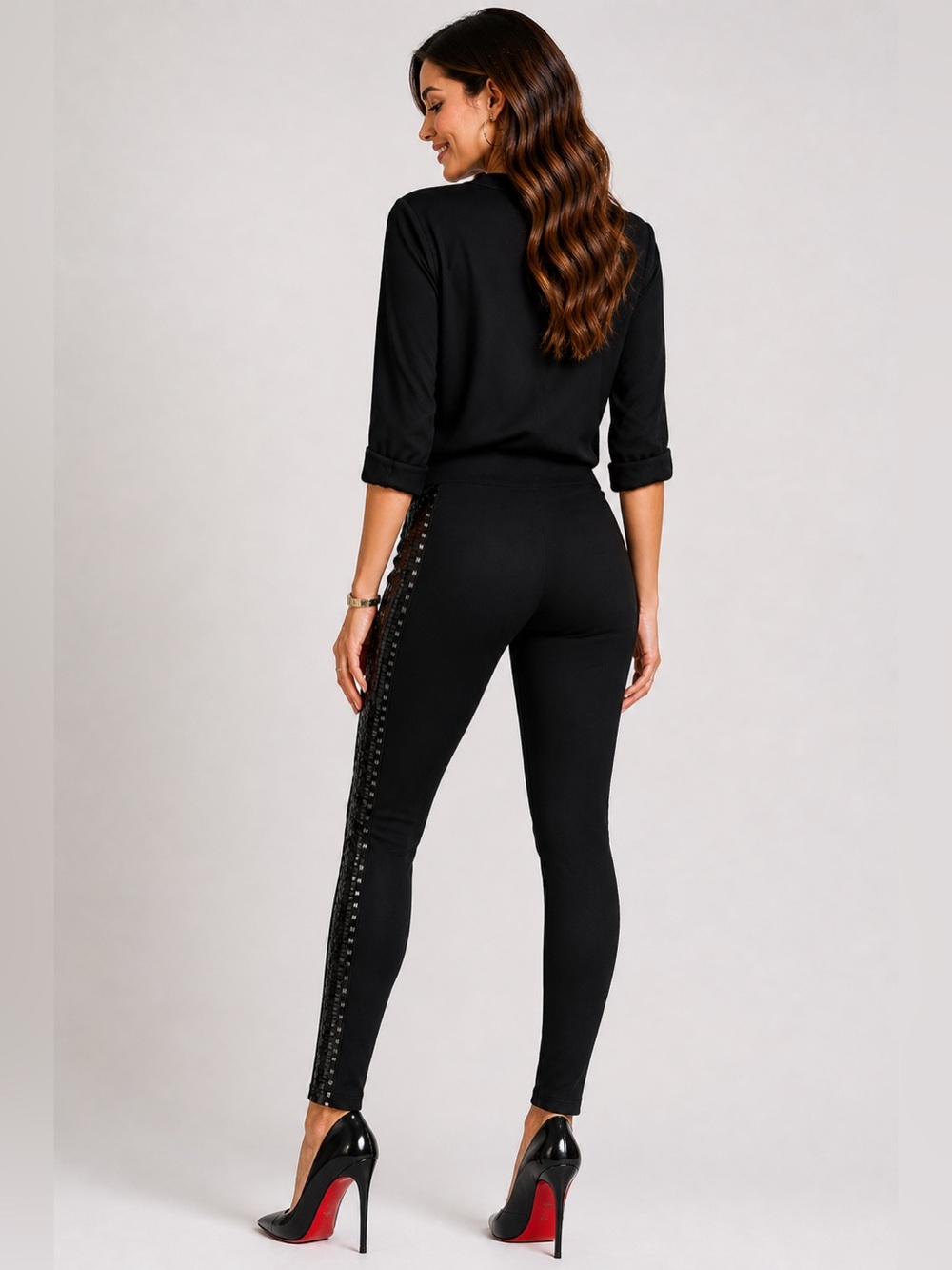 Athena Marie Black Sequin Side Stripe Pull On Leggings Pants M Glam Stretch